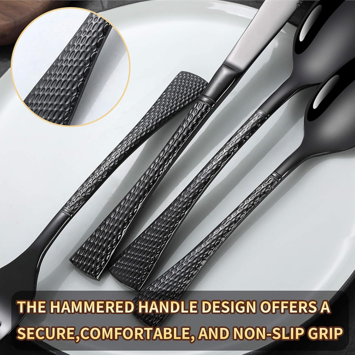 Hammered Black Silverware Set for 8,Stainless Steel 40-Piece Modern Cutlery Set,Mirror Polished Heavy Duty Flatware Set Utensil Set,Knives Spoons and Forks Set,Dishwasher Safe