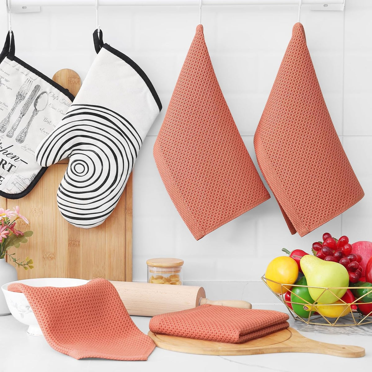 Homaxy 100% Cotton Waffle Weave Kitchen Dish Cloths, Ultra Soft Absorbent Quick Drying Dish Towels, 12 x 12 Inches, 8-Pack, Coral