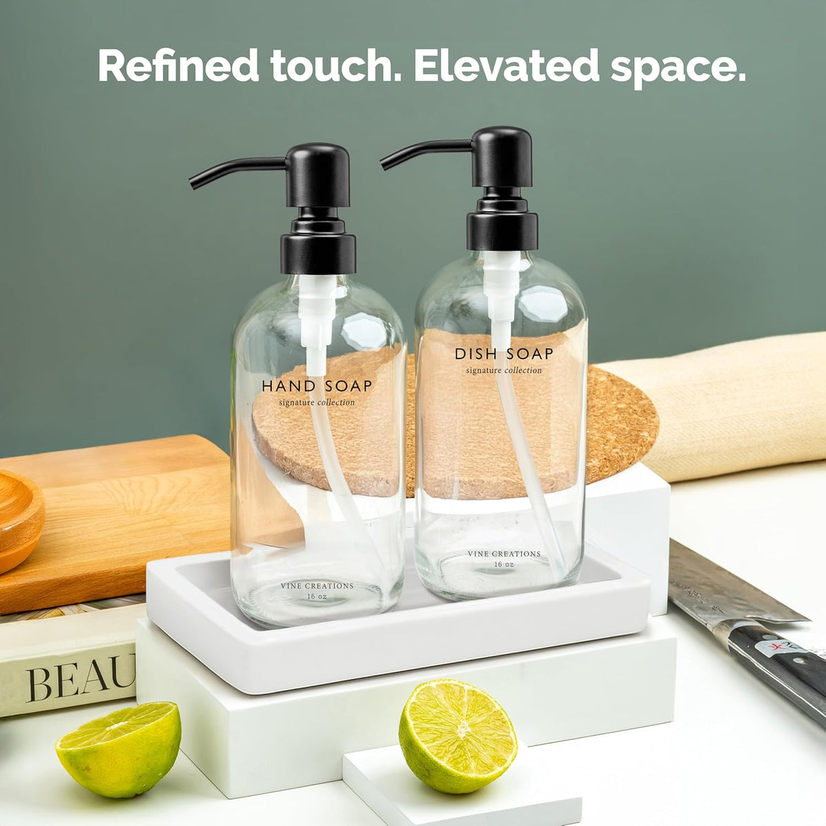 Vine Creations Glass Soap Dispenser Set, Kitchen Soap Dispenser Set with Ceramic Tray, 16 oz Dish Soap and Hand Soap Dispensers with Stainless Steel Pump Decor (Clear Bottle/Matte Black)