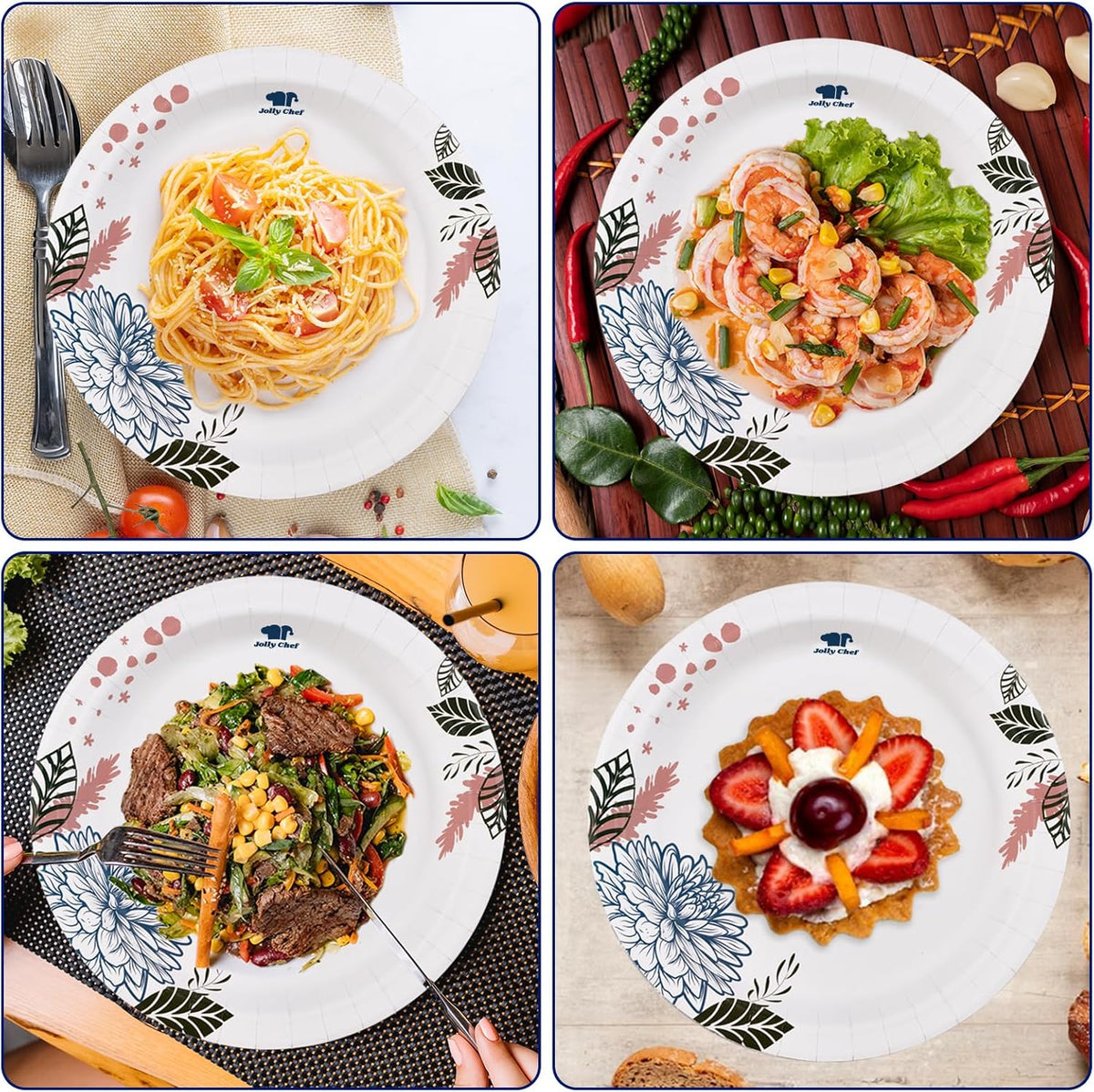 JOLLY CHEF ๐ญ๐ฐ๐ฌ ๐๐ผ๐๐ป๐ ๐ฃ๐ฎ๐ฝ๐ฒ๐ฟ ๐ฃ๐น๐ฎ๐๐ฒ๐ ๐ญ๐ฌ ๐ถ๐ป๐ฐ๐ต Soak Proof, Cut Proof, Heavy Duty Flower Printed Disposable Paper Plates for Everyday Use