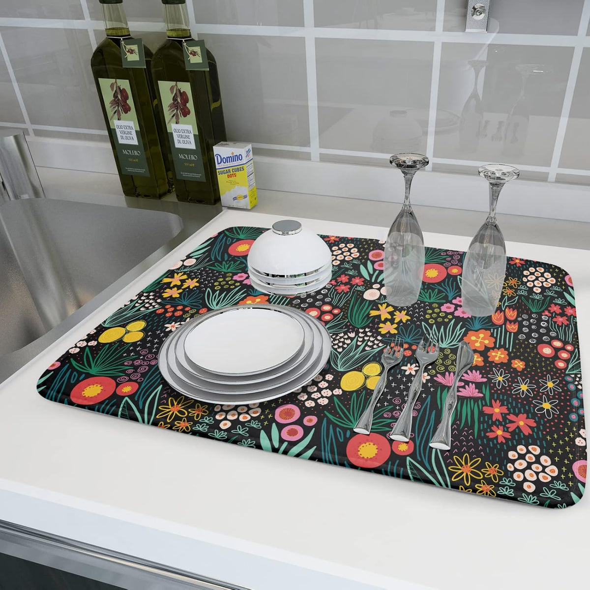Giwawa Colorful Flowers Dish Drying Mats for Kitchen Counter 18 X 24 Inch Spring Floral Microfiber Dish Mat, Reversible Dish Drainer Mats Countertops Protector Pad