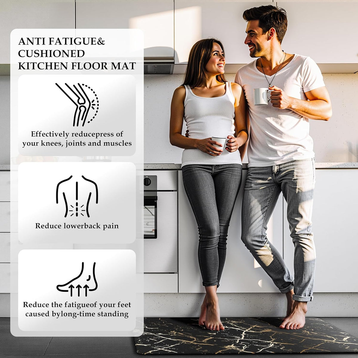 Gold Foil Stamped Marble Kitchen Mats for Floor 2PCS Cushioned Anti Fatigue Non Slip Waterproof Comfort Leather Kitchen Rugs 2/5 Inch PVC Kitchen Mats for Sink, Laundry, 17.3"x28"+17.3"x59", Black