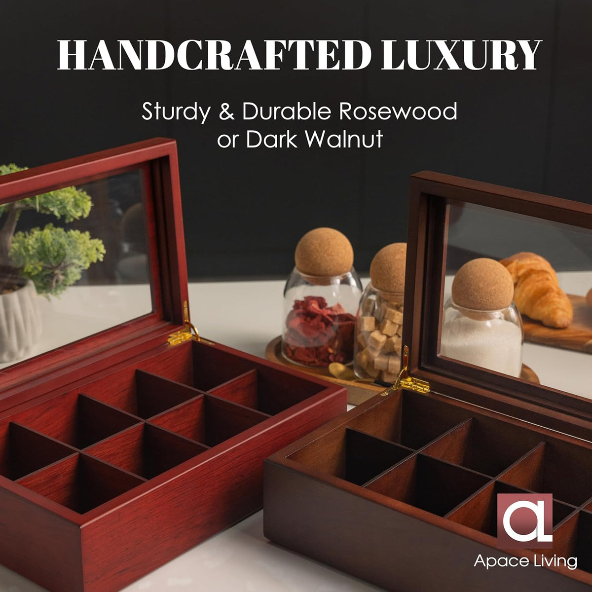 Tea Box - Luxury Wooden Tea Bag Organizer from The Apace Premier Collection - 6 Compartment Tea Storage Chest Container - Elegantly Handmade w/Scratch Resistant Window