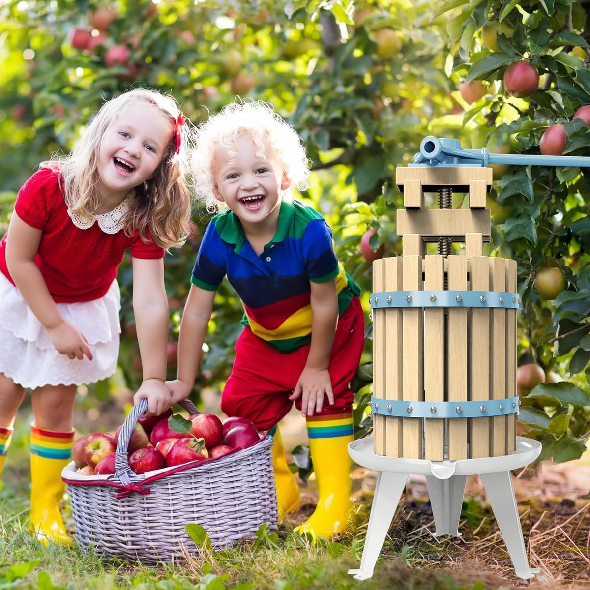 SQUEEZE master Fruit Apple Cider Wine Classic Press-Blue-1.6 Gallon/6L-Solid Wood Basket-Vintage traditional juicer-Pole Handle Bar for Juice,Wine,Cider-1 free filter bag included