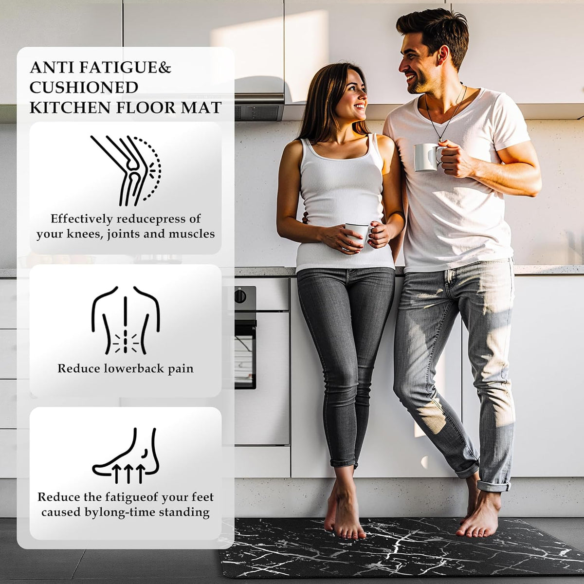 Silver Foil Stamped Marble Kitchen Mats for Floor 2PCS Cushioned Anti Fatigue Non Slip Waterproof Comfort Leather Kitchen Rugs 2/5 Inch PVC Kitchen Mats for Sink, Laundry, 17.3"x28"+17.3"x47", Black