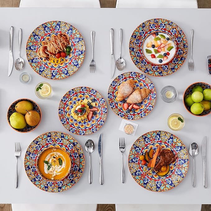 vancasso 12 Pieces Dinnerware Sets, Orange Plates and Bowls Set, Porcelain Dishes Set for 4, Microwave and Dishwasher Safe, Scratch Resistant, Bohemian Style Dining Ware Service for 4, Series SIMI