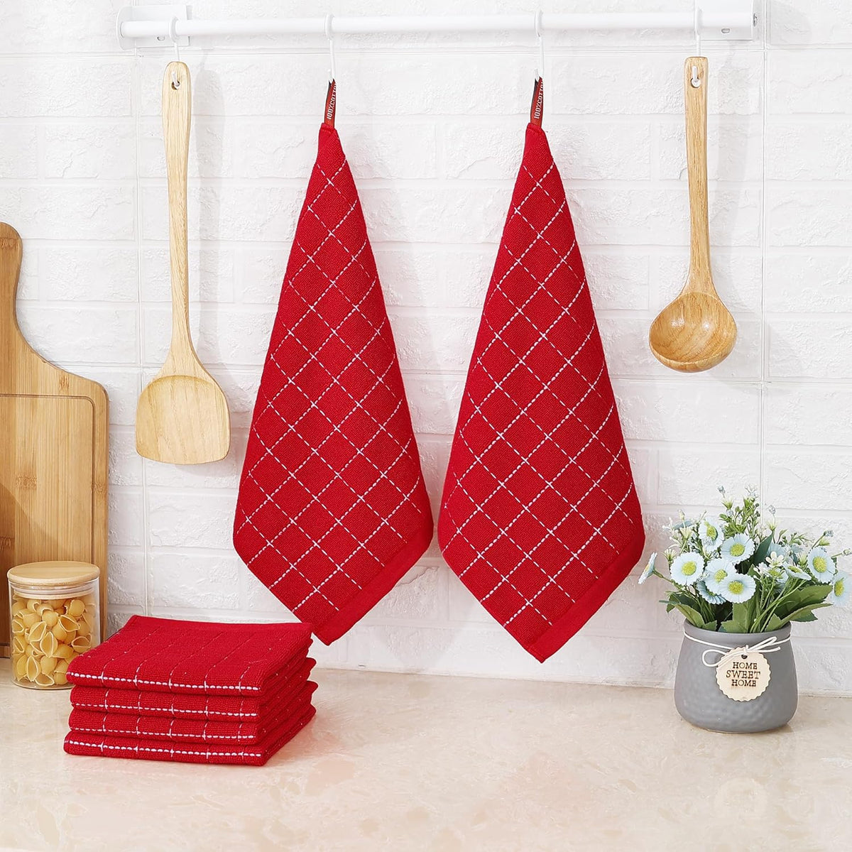 Homaxy 100% Cotton Terry Kitchen Dish Cloths, Ultra Soft and Absorbent Dish Towels for Kitchen, Suitable for Drying and Washing Dishes, 8 Pack, 12 x 12 Inches, Red