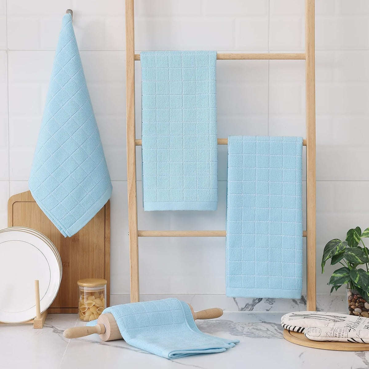 Homaxy 100% Cotton Terry Kitchen Towels(Sky Blue, 13 x 28 inches), Checkered Designed, Soft and Super Absorbent Dish Towels, 8 Pack