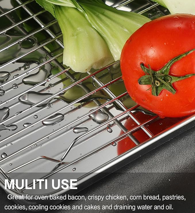 Stainless Steel Baking Sheet Tray Cooling Rack with Silicone Baking Mat Set, Cookie Pan with Cooling Rack, Set of 9 (3 Sheets + 3 Racks + 3 Mats), 10/12/16 Inch, Easy Clean