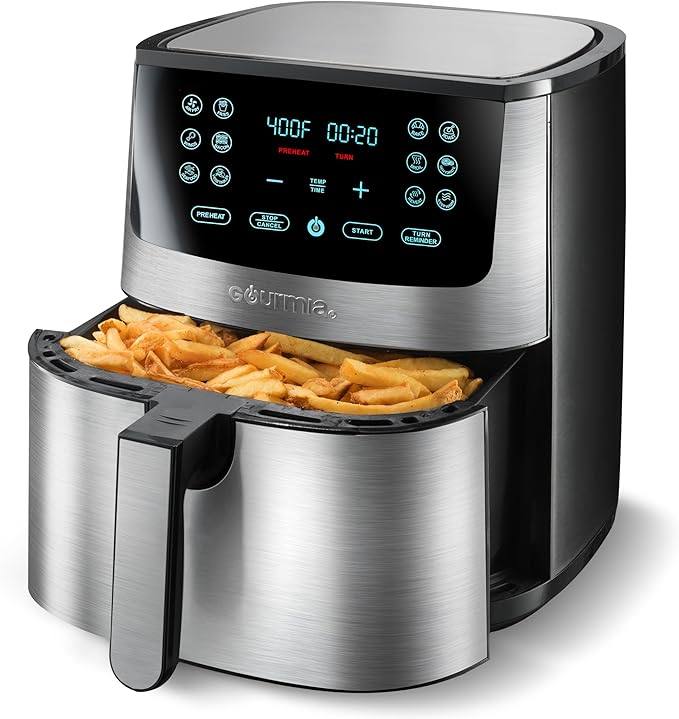 Gourmia Air Fryer Oven Digital Display 8 Quart Large AirFryer Cooker 12 Touch Cooking Presets, XL Air Fryer Basket 1700w Power Multifunction GAF838 Black and stainless steel air fryer