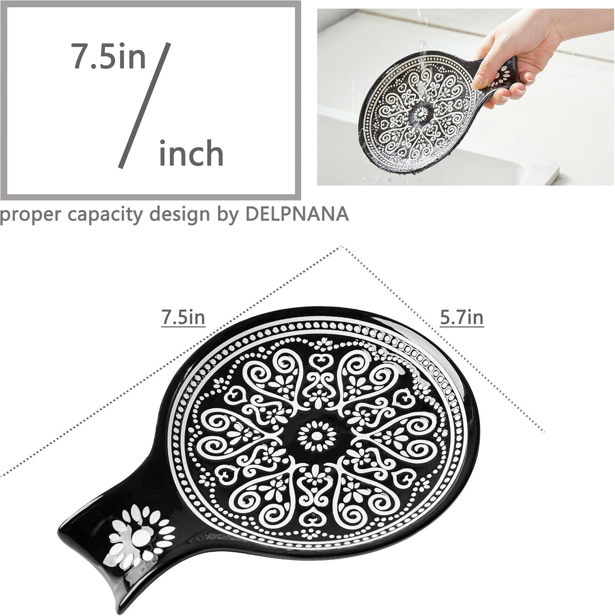 Ceramic Spoon Rest, Cooking Spoon Holder for Kitchen Counter/Stove Top/Dining Table Modern Farmhouse Decorative, Large (Black)