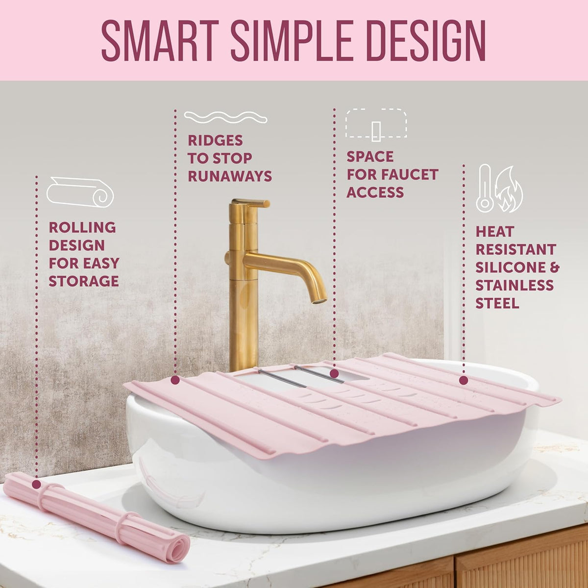 Maplefield Travel Size Bathroom Sink Cover for Counter Space - Foldable Silicone Sink Mat for Beauty Routine, Ideal for Small Bathroom, RVs, Camper Vans (Rose Pink Small, 19.5 x 15.5 x 1.6 Inches)