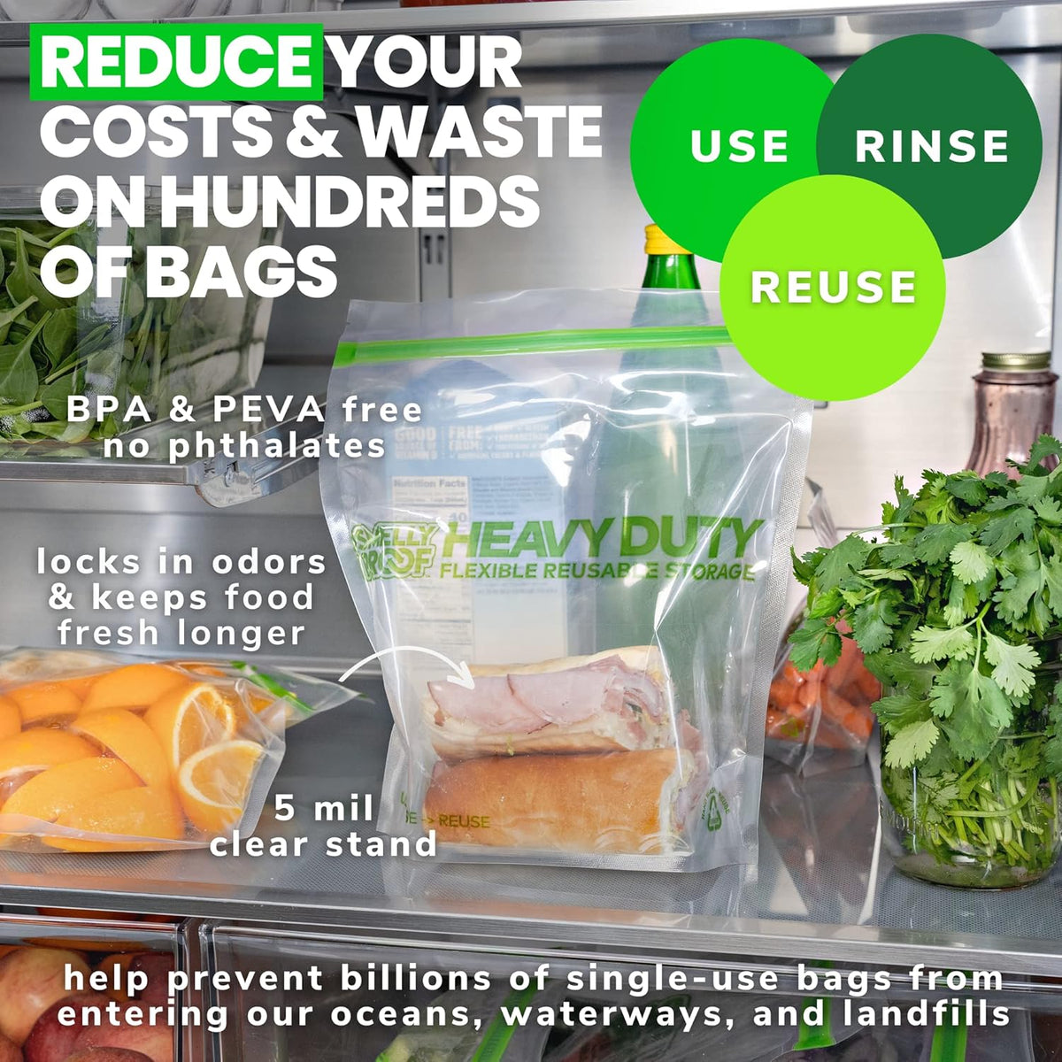 HEAVY DUTY Reusable STAND-UP Bags for Food Storage by Smelly Proof, USA Made, NO PEVA & BPA FREE, Reusable Freezer Bags, Dishwasher-Safe, Triple Zip, CLEAR 5-mils LRG Quart 8.75" x 9.5" - 5pk