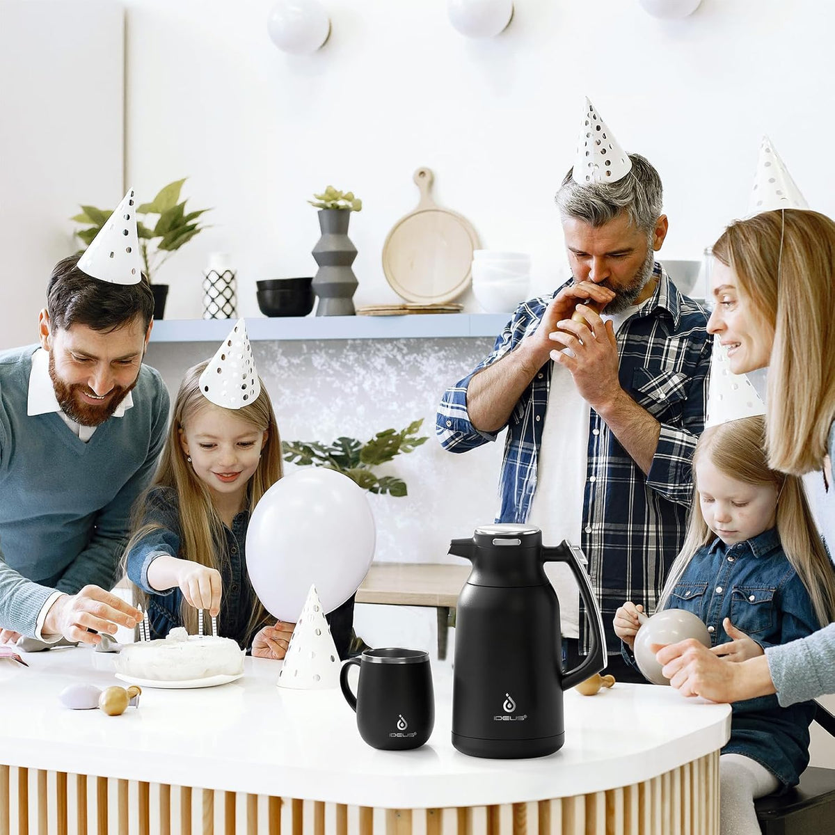 IDEUS Thermal Coffee Carafe 68oz (2,000ml), Stainless Steel Double Wall Insulated Vacuum Flask, Water Jug Coffee Server and Beverage Dispenser, Heat and Cold Retention (Black-Silver, 68oz (2,000ml))