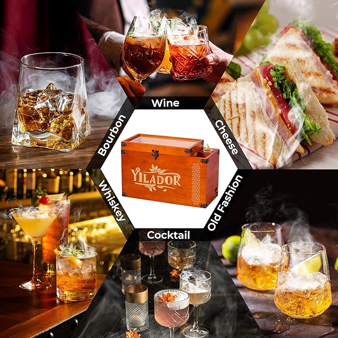 Old Fashioned Smoker Kit – Premium Wooden Gift Box for Whiskey & Cocktails, Electric Fan-Powered 2-in-1 Drink & Food Smoker, Bourbon Whiskey Gift for Men, Complete Set (Smoking Gun Not Required)