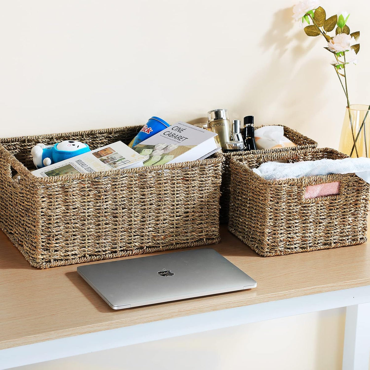 HOONEX Large Wicker Baskets for Storage, Seagrass Baskets with Dual Handles, Woven Baskets for Storage, Set of 3, Natural