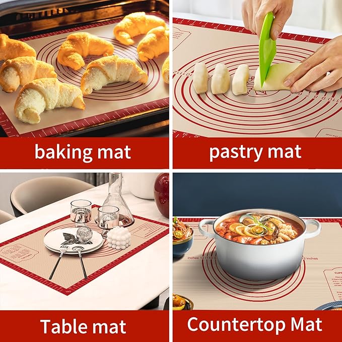 Silicone Baking Mat, Reusable Silicone Dough Mat, Non-Stick Pastry Mat, Heat Resistant Silicone Mat for Baking Cookies, Cake, Bread, Chocolate, Pizza, Crust, Pie Oven Mat, Easy to Clean
