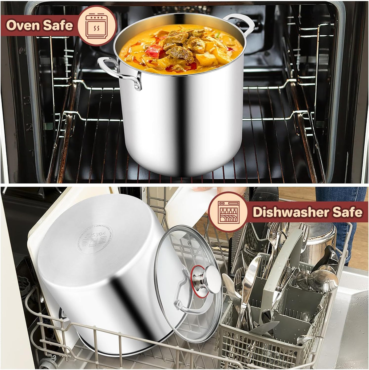 TeamFar 12 Quart Stock Pot, Stainless Steel Tri-ply Stockpot Large Pasta Soup Cooking Pot with Clear Lid, for Induction Gas Electric Ceramic, Healthy & Heavy Duty, Solid Handles & Dishwasher Safe