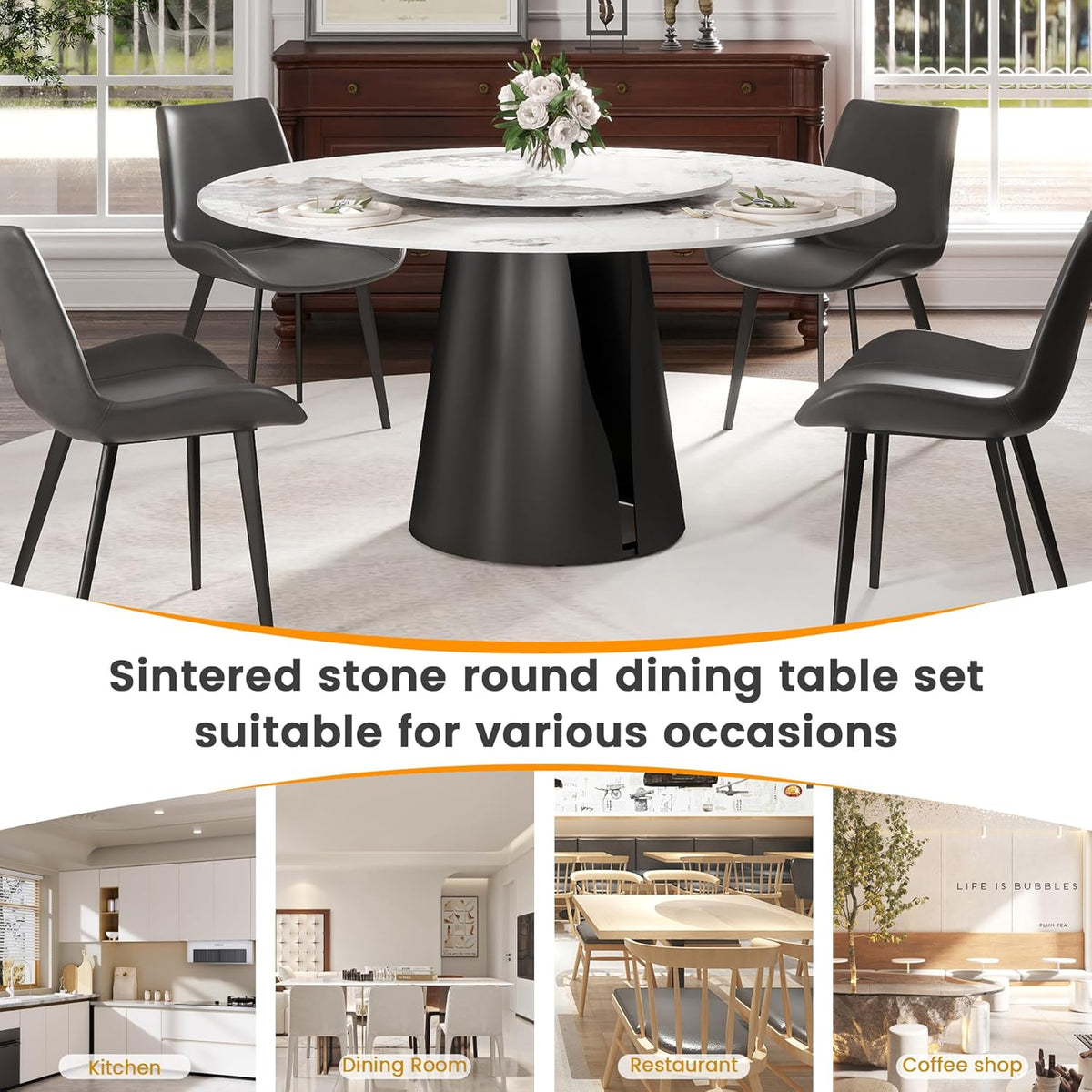 Montary 59" Modern Artificial Marble Round Dining Table with Black Carbon Steel Base & 31.5" White Sintered Stone Turntable, Dining Room Table with Lazy Susan for 6-8 (Only Table)