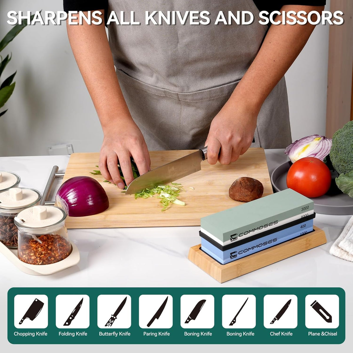 Whetstone Sharpening Stone Knife Sharpener Stone Set: 4 Side 8000|3000 1000|400 in Kitchen With Bamboo Base,Cut Resistant Gloves,Angle Guide,Honing Guide,Flattening Stone,Leather Strop,Rubber pad