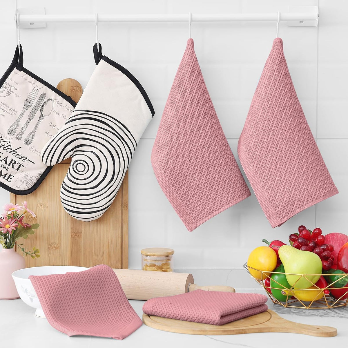 Homaxy 100% Cotton Waffle Weave Kitchen Dish Cloths, Ultra Soft Absorbent Quick Drying Dish Towels, 12 x 12 Inches, 8-Pack, Dried Rose