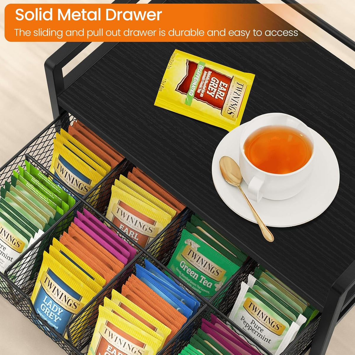 Homode Wood Tea Bag Organizer, Teabag Holder with Drawer, Tea Organizers and Storage Box, 8 Compartments Tea Caddy Station Chests Display Container for Counter Kitchen, Black