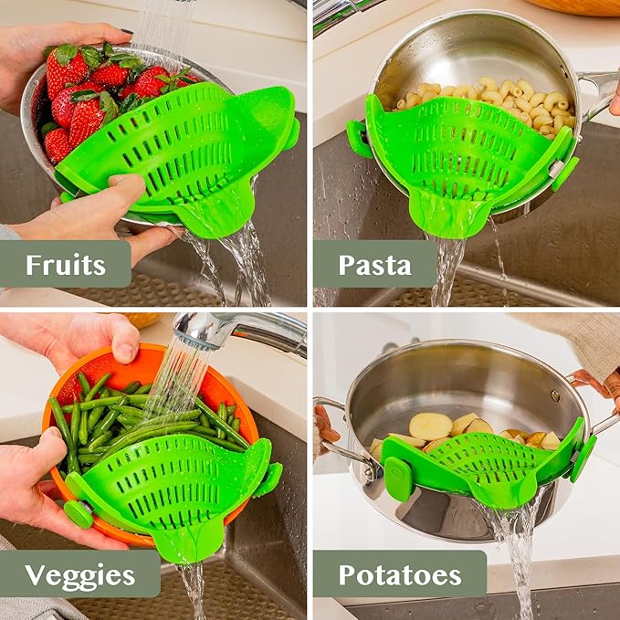 Kitchen Gizmo Snap N' Strain Clip On Strainer for Pots and Pans - Collapsible Silicone Pasta Strainer and Kitchen Gadget for Cooking - Easy to Use, Heat Resistant and Space Saving Colander - Green