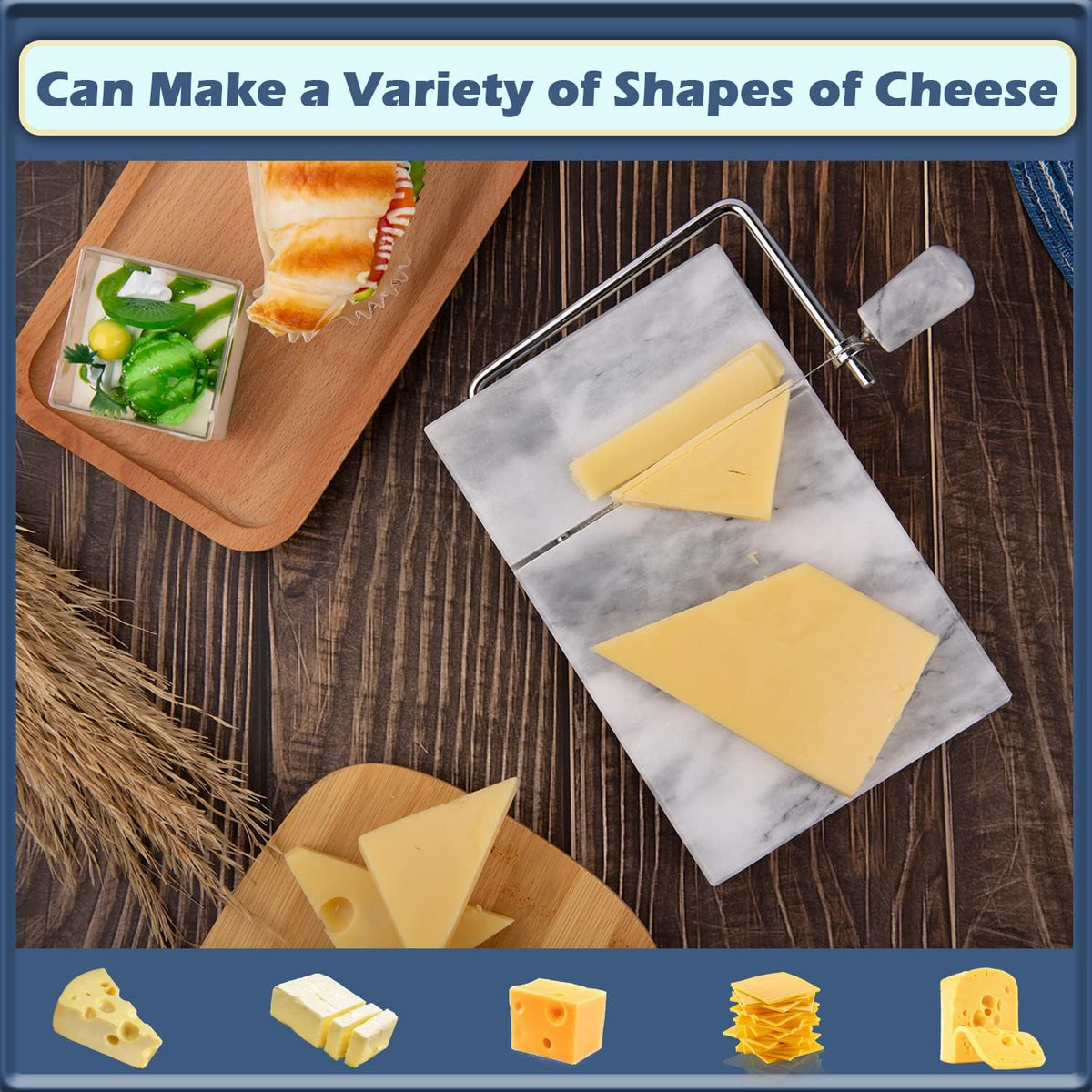 Cheese Slicer, Cheese Cutter Heavy Duty 5" x 8", Polished Marble Cheese Slicer Board for Cut Block Cheeses, Butter, Meats, Other Appetizers (White Grey)