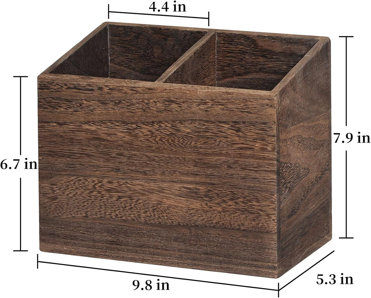 Wooden Kitchen Utensil Caddy With 2 Compartments, Rustic Utensil Holder for Kitchen Countertop, Wood Utensil Crock Organizer Box for Farmhouse Kitchen Decor (brown)
