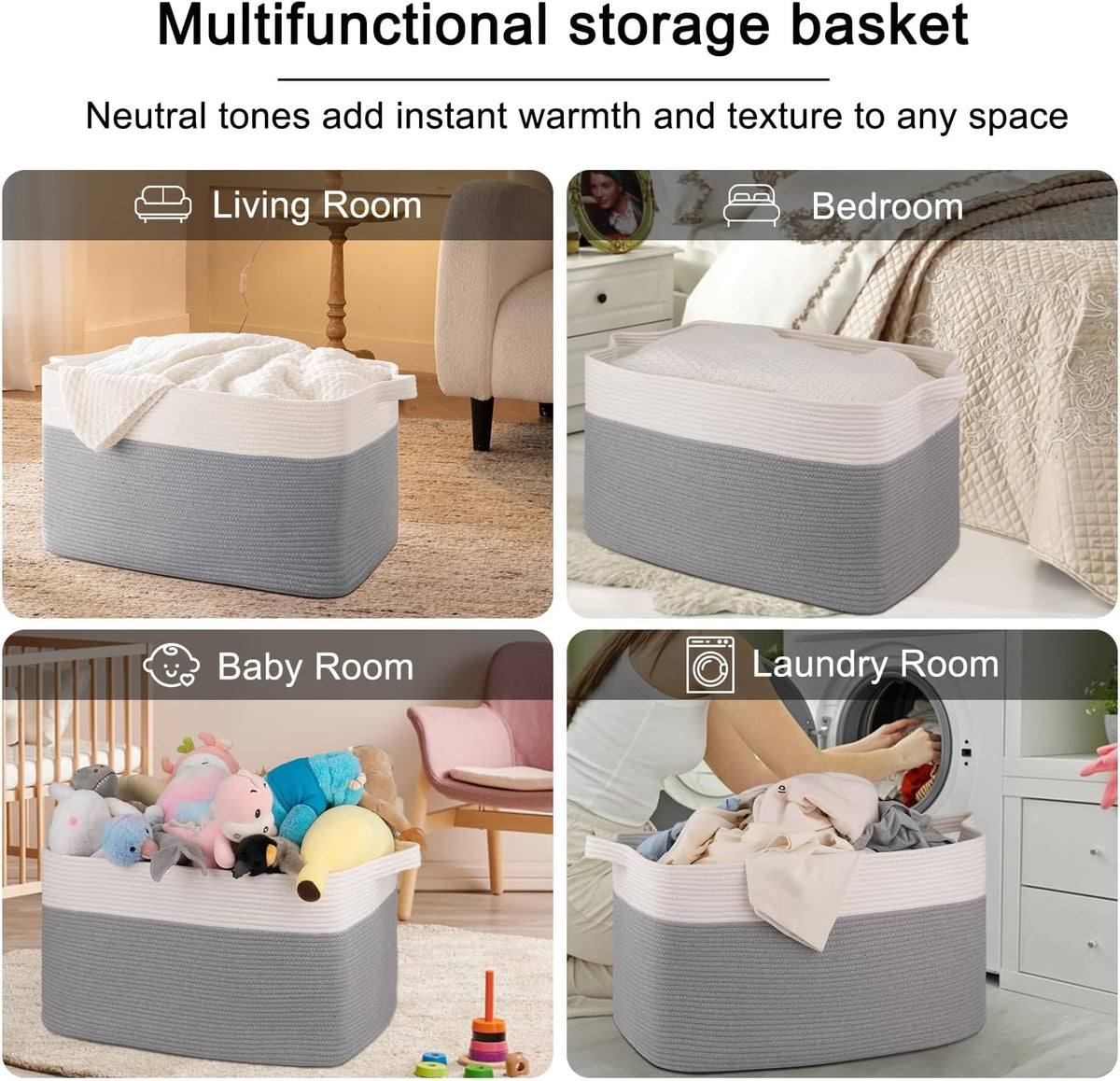 OIAHOMY 95L Blanket Basket, 24”x17”x14”, Large Woven Baskets for Storage, Nursery Cotton Rope Basket with Handle, Living Room, Nursery, Bedroom,Toy Baskets Organizer Bins, Grey & White