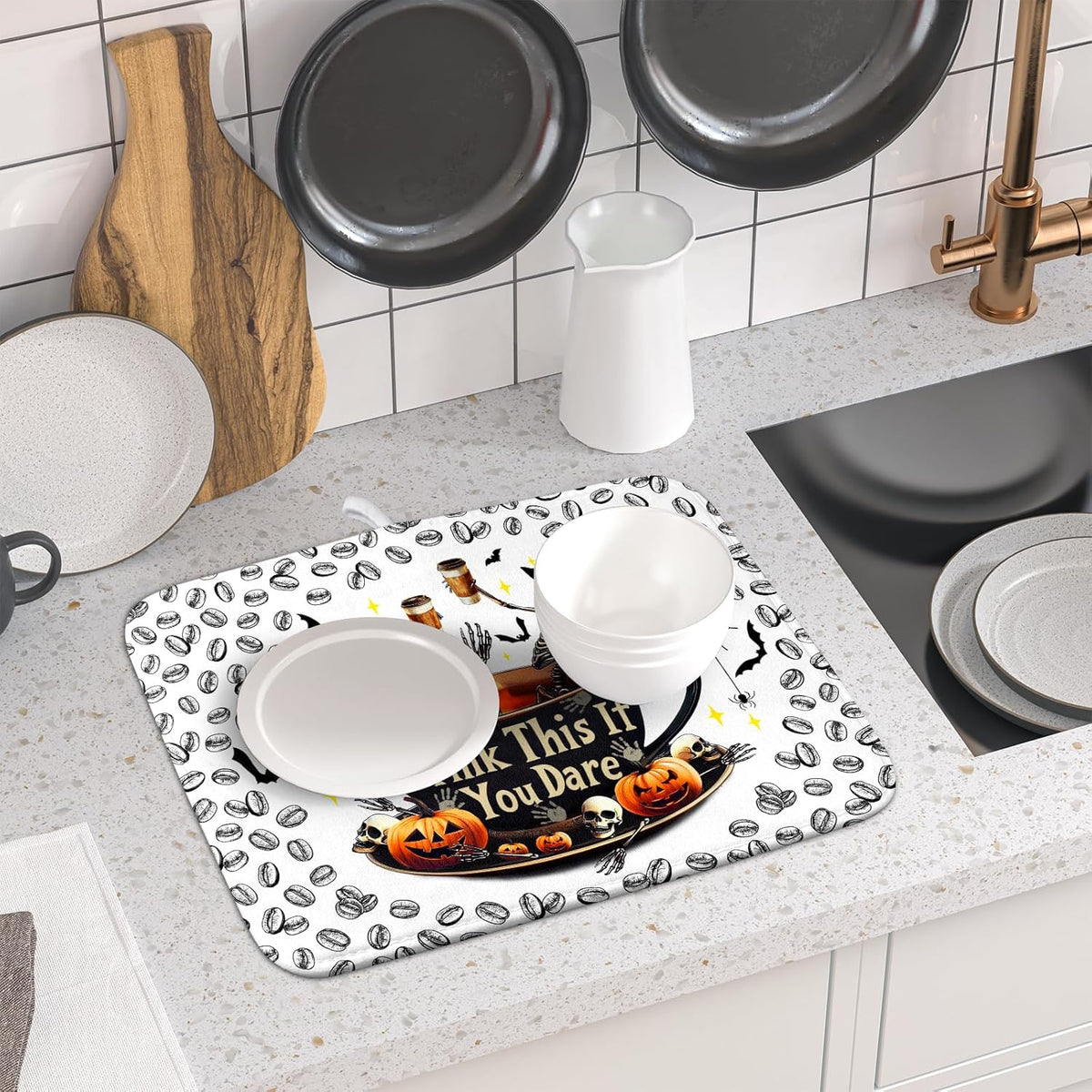 Funny Skull Coffee Matt for Counter Skeleton Dish Drying Mat Halloween Decoration for Home Coffee Bar