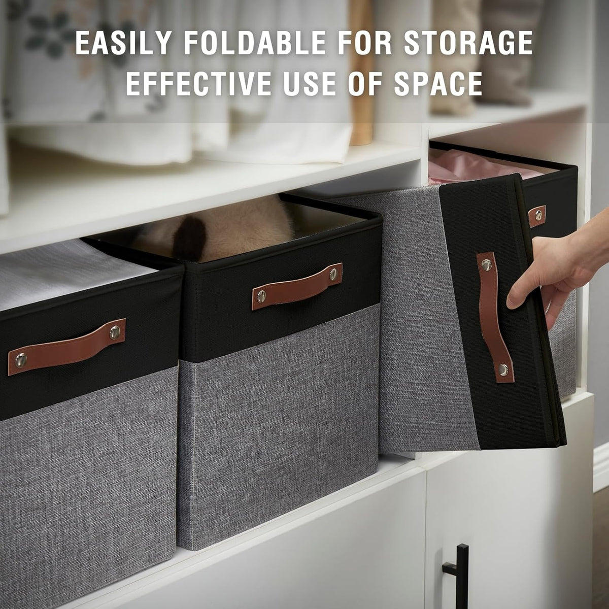 Collapsible Fabric Storage Cube Bins with 2 Reinforced PU Handles, Foldable Storage Organizer Baskets for Closet, Shelves, Living Room | 13"x13"x13", 4 Pack, Black & Gray
