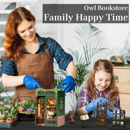 Fsolis Book Nook Kit, DIY Scene Miniature House Kit Tiny House Mini Booknook Craft Bookshelf Decor, 3D Puzzles for Adults, 139 Wooden Pieces, Scale Library Model, Gifts for Book Lovers(OWL Bookstore)