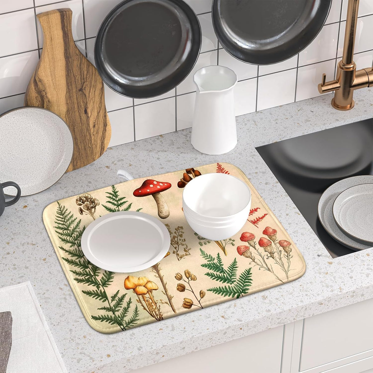 Ferns Leaves Dish Drying Mats Woodland Forest Mushrooms Reversible Drainer Mats 16 X 18 Inch