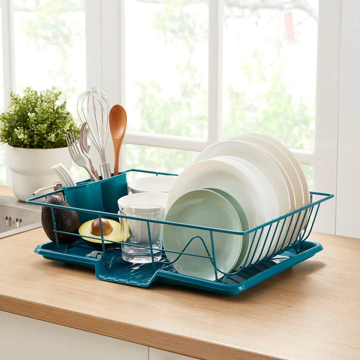 Space-Saving 3-Piece Dish Drainer Rack Set ✅ Efficient Kitchen Organizer for Quick Drying and Storage ✅ Includes Cutlery Holder and Drainboard ✅ Maximize Countertop Space, Blue/Green Teal