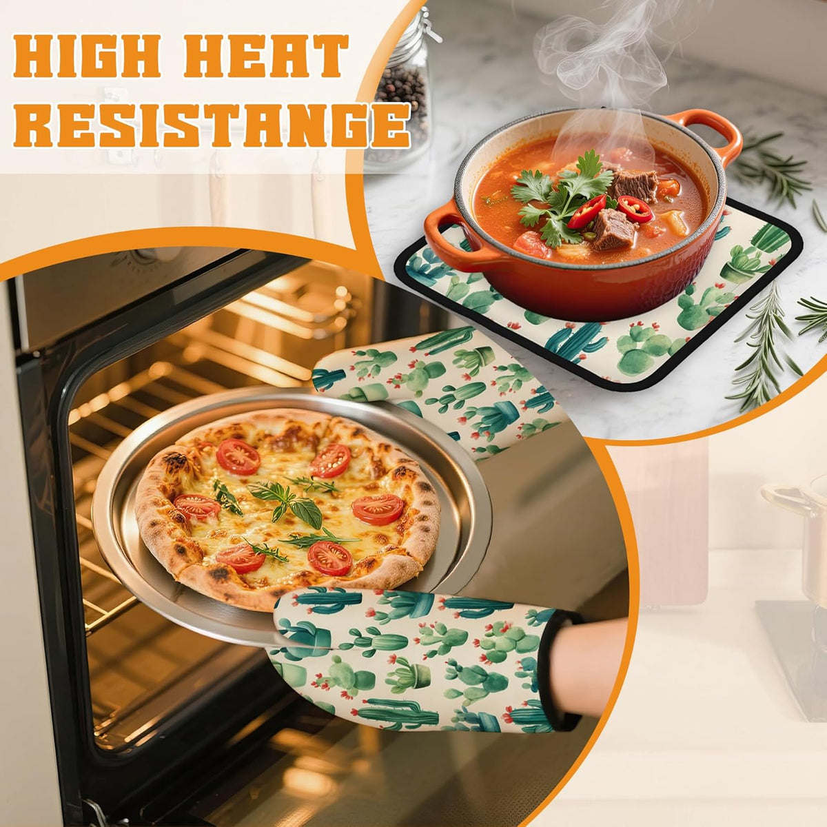 Cactus Succulent Flower Oven Mitts and Pot Holders Set,Kitchen Decor Heat Resistant Non Slip Hot Pads and Oven Mitt for Chef Cooking Baking BBQ Mom Girl Gifts(4 Piece Set)