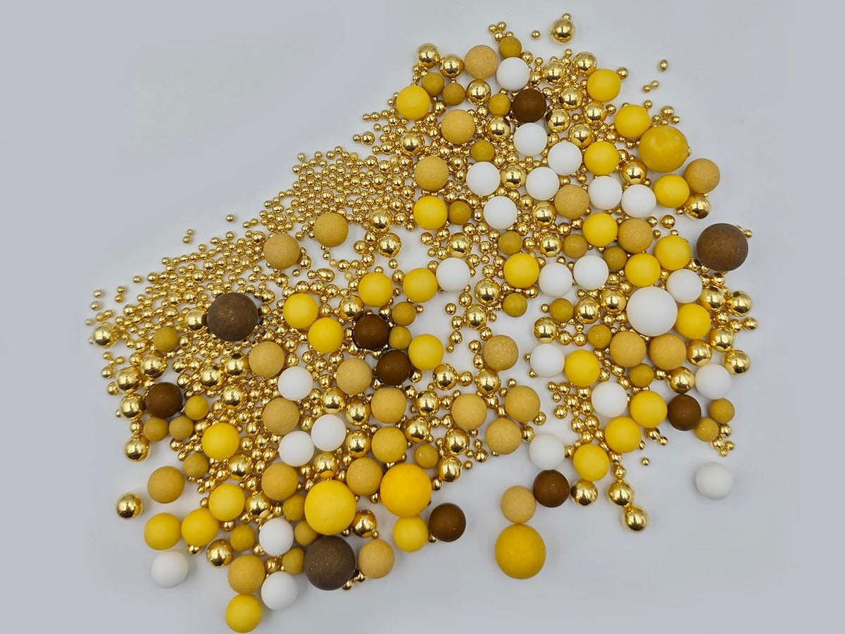 Mixed Edible Pearl Sugar Sprinkles, 4.6 oz Candy Pearls Ideal for Baking, Cake and Cupcake Toppers, Cookie Decoration, Ice Cream Topping (Coffee&Yellow&White&Gold)