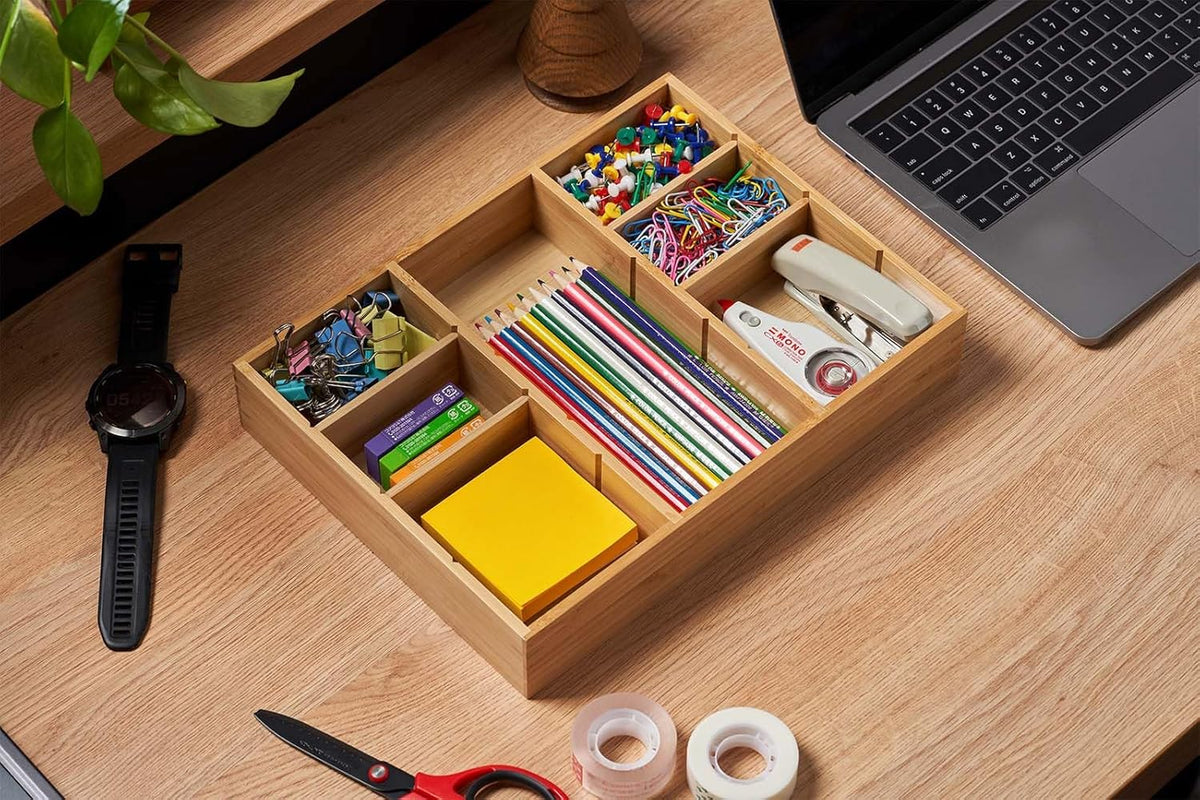 Umilife Desk Drawer Organizer, Bamboo Wood Organizer Tray with Adjustable Compartments, Office Desk Accessories Supplies Organization Storage, 12" x 9"