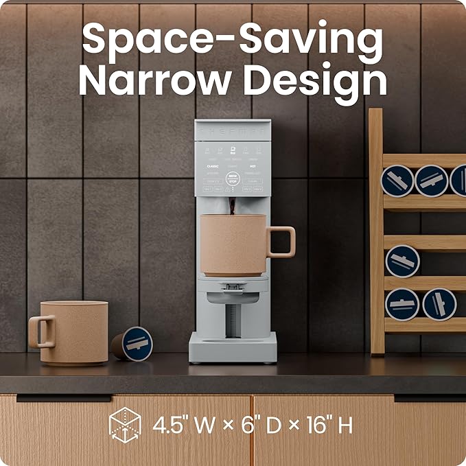 Chefman Caffeinator Single Serve Coffee Maker, Brew Kcups & Grounds, Drip Coffee Machine with Brew Strength Settings, Iced Coffee Function, 48 oz. Removable Water Reservoir