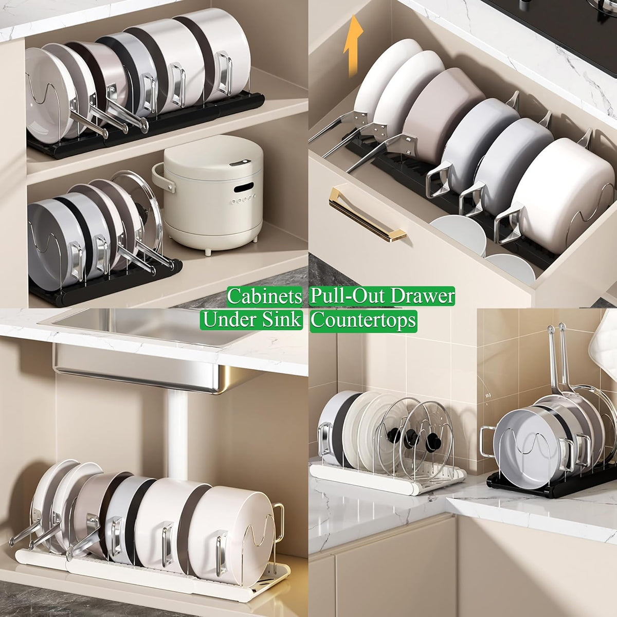 Pot Rack : Pots and Pans Organizer Under Cabinet 7 Adjustable Compartment Expandable Pot Lid Holder for Kitchen Cookware, Bakeware, Lid, Dishes, Cutting Boards,Black