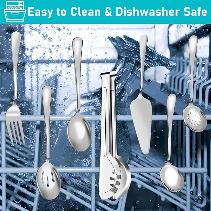 Serving Utensils, 15 Pcs Stainless Steel Large Flatware Serving Tools Kit, Included Spoons, Forks, Tongs, Slotted Spoon, Ladle, Cake Server for Kitchen Catering Banquet Wedding Buffet Party, Silver