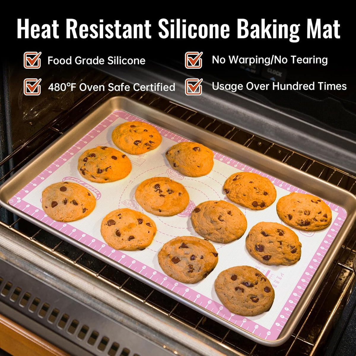Silicone Baking Mat with 10 Recipes, Pastry Mat for Dough Rolling, Silicone Mat for Baking Macaron, Cookie, Bread, Pizza,Surdough, Fondant Mat for Kitchen, Extra Large 32 X 24 INCH