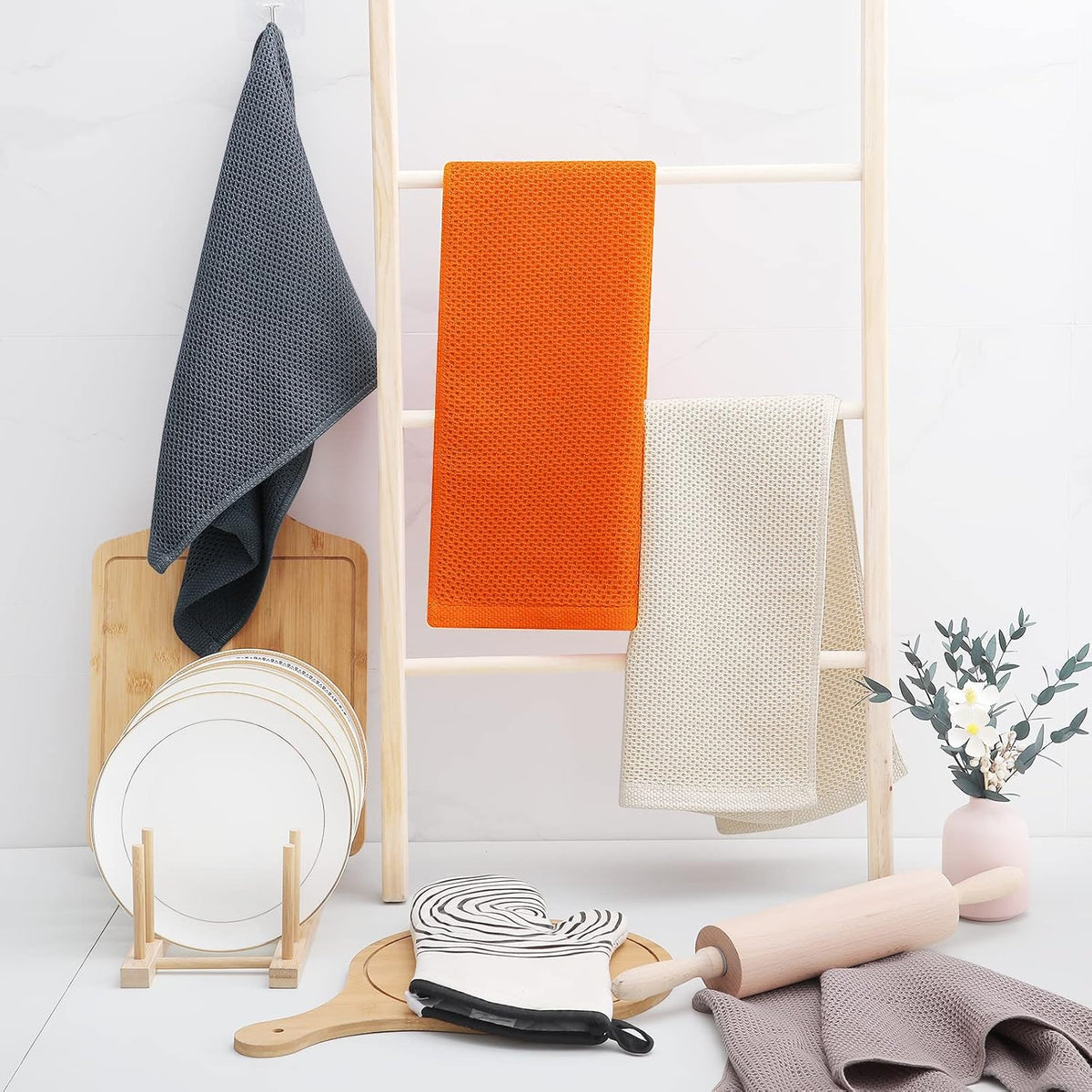 Homaxy 100% Cotton Waffle Weave Kitchen Dish Towels, Ultra Soft Absorbent Quick Drying Cleaning Towel, 13 x 28 Inches, 6-Pack, Orange