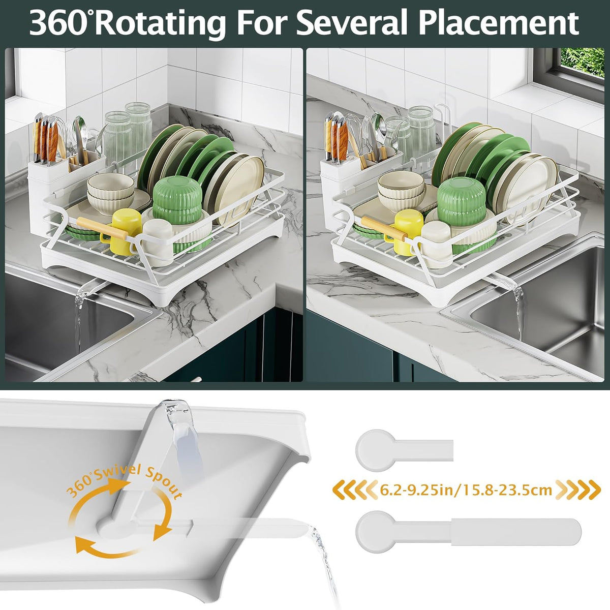 Epicano Dish Drying Rack for Kitchen Counter,Space-Saving Dish Rack,Rustproof Dish Drainer with Utensil Holder and Knife Slots for Sink,Kitchen Drying Rack with Wooden Handle and Cup Holder,White