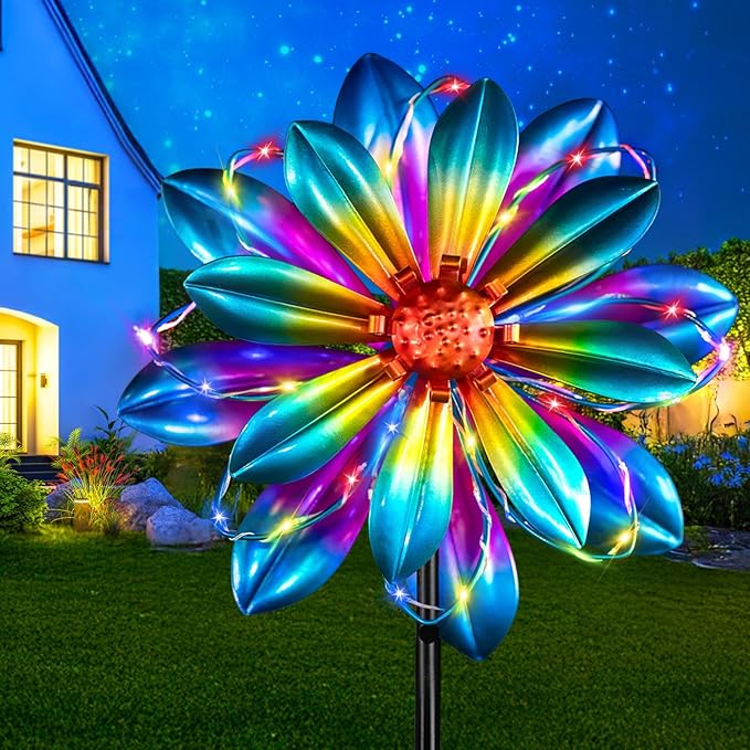 Flower Solar Wind Spinners- Metal Colorful Spinning Windmill Garden Ligths with LED Outdoor Decorative Stake Lighting Waterproof Flower Sculpture for Patio Yard