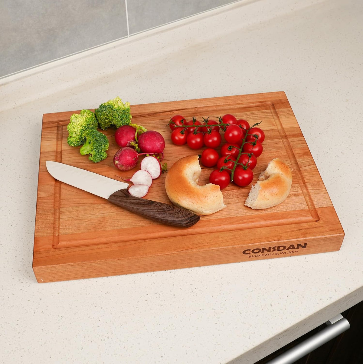 CONSDAN Wood Cutting Board for Kitchen, USA Grown Hardwood, 16 x 12, Solid Cherry Wood with Invisible Inner Handle, Prefinished with Food-Grade Oil, Suitable for Kitchen Edge Grain, 1-1/2" Thick