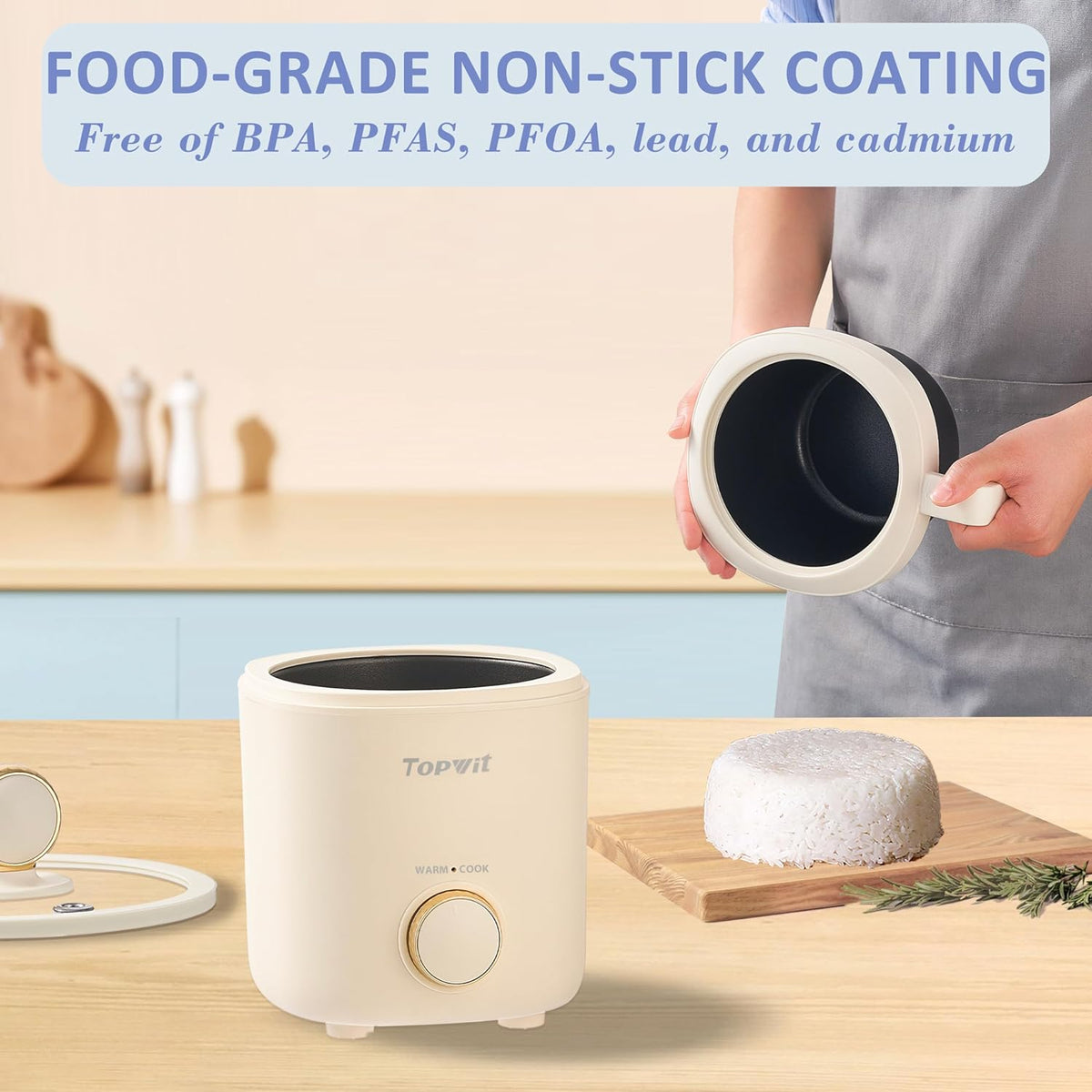 TOPWIT Rice Cooker Small, Mini Rice Cooker 2 Cups Uncooked, 1.2L Portable Rice Maker with Non-stick Coating, BPA Free, One Touch & Keep Warm Function, Beige