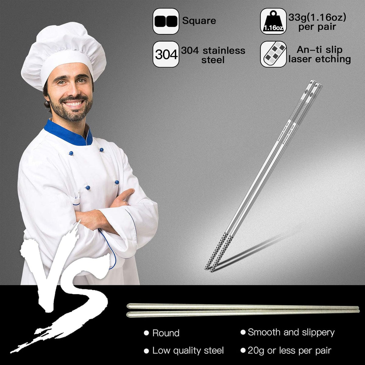 Metal Chopsticks Reusable 18/8 Stainless Steel Chopsticks Multipack Dishwasher Safe Chop Sticks Cute Laser Engraved Non-slip Japanese Korean Chopstick for Cooking Eating 9 1/4 Inches 5 Pairs Gift Set