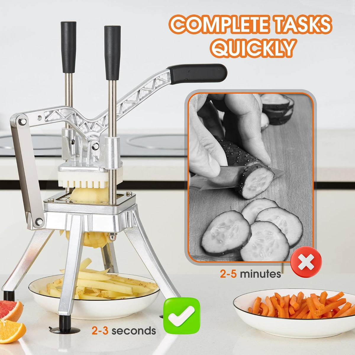 Commercial Vegetable Chopper Potato Dicer & Fruit Slicer, Stainless Steel French Fry Cutter with 3 Replacement Blades(1/2 Inch, 3/8 Inch and 1/4 Inch Blades) for Restaurants & Home Kitchen