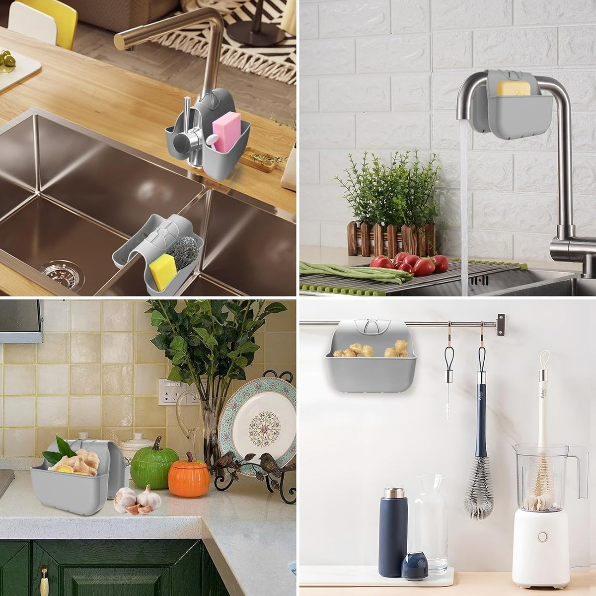 Sponge Holder for Kitchen Sink, Silicone Sink Saddle Caddy Organizer Rack, Sponges Holder Over Faucet, Hanging Kitchen Organizer Accessories Rack Basket Gray
